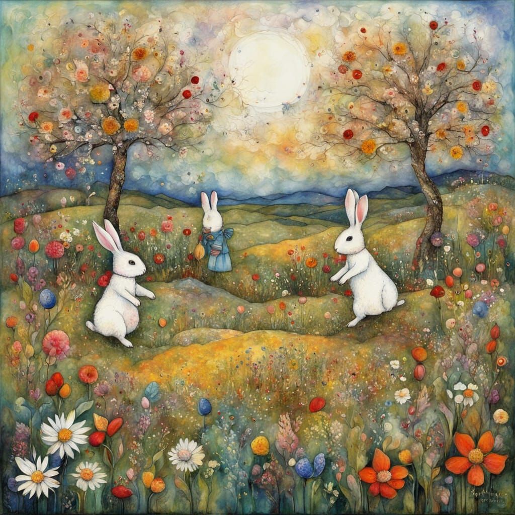 Seasons Dance: Rabbits and Flowers in Textured Naive Art