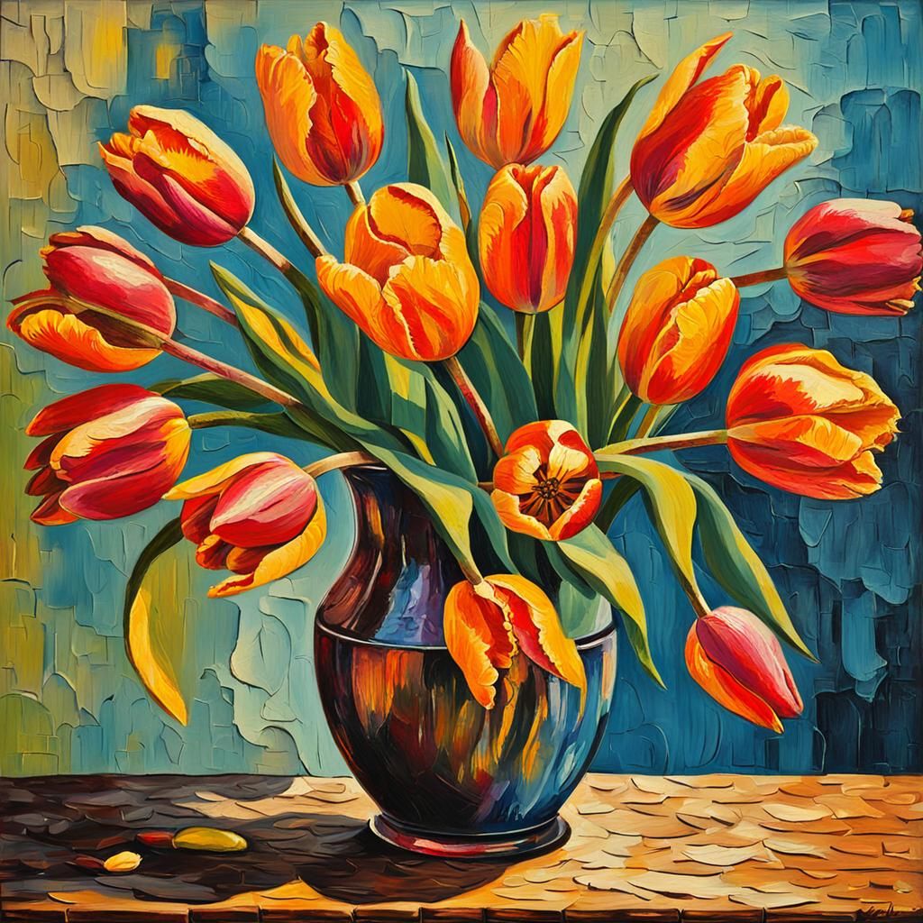 Vibrant Tulips as Sgraffito Oil Painting