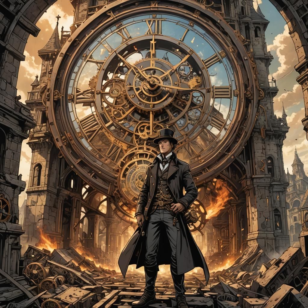 Steampunk Sorcerer Amidst Clocktower Ruins