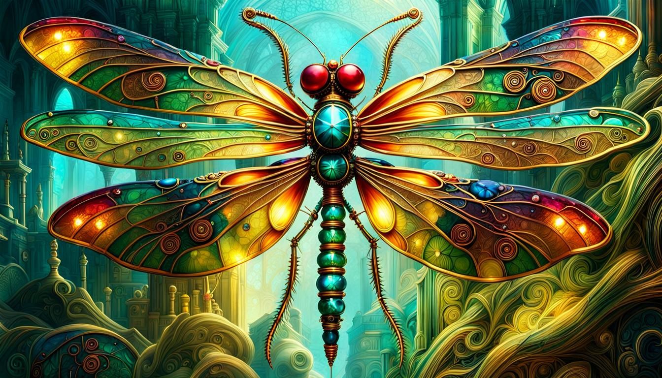Intricate Steampunk Dragonfly in Crystal and Gold
