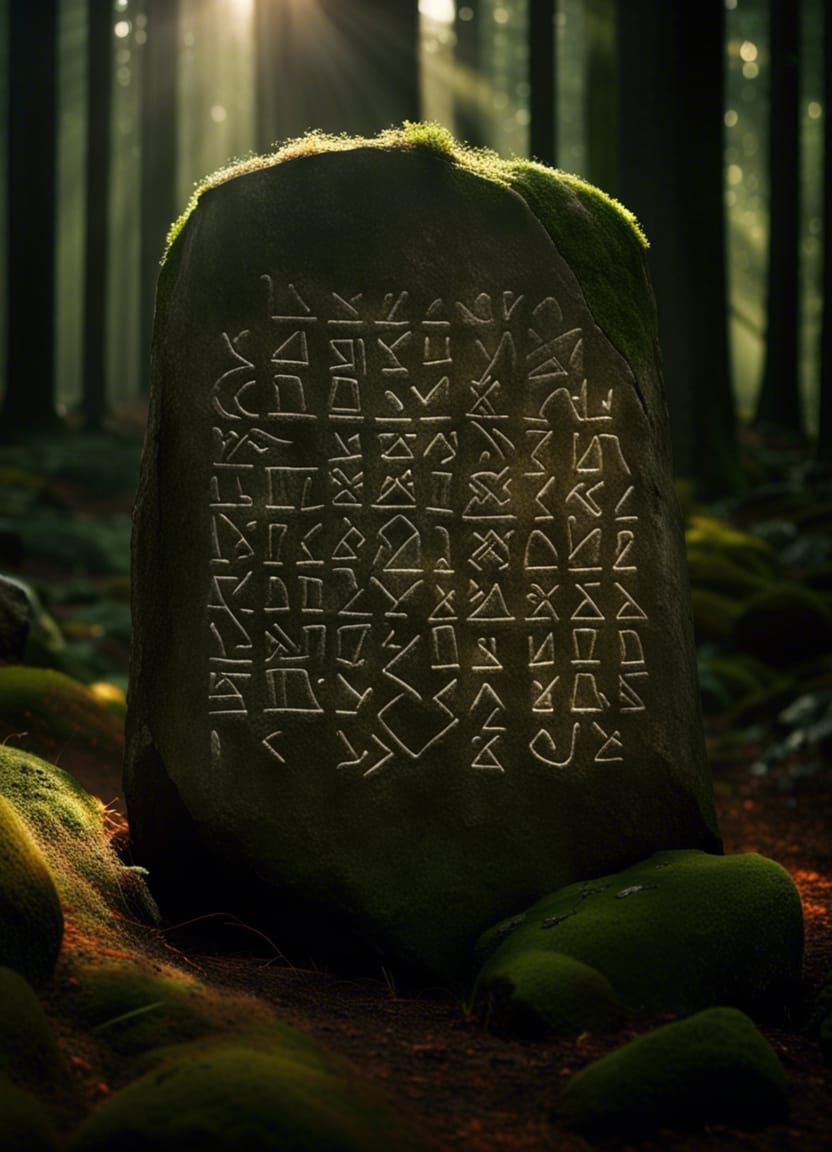 Mysterious Runes on Ancient Stone in Forest