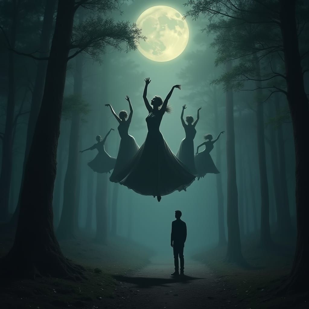 Ethereal Lighthouse in Forest with Dancing Silhouettes