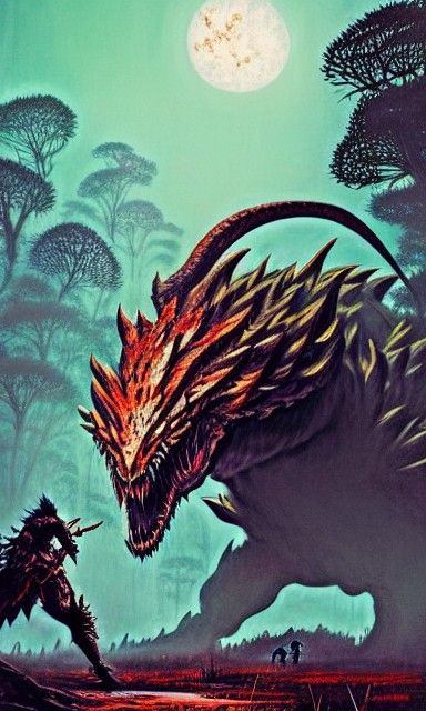 Monster Hunter Versus Giant Beast in Detailed Matte Painting