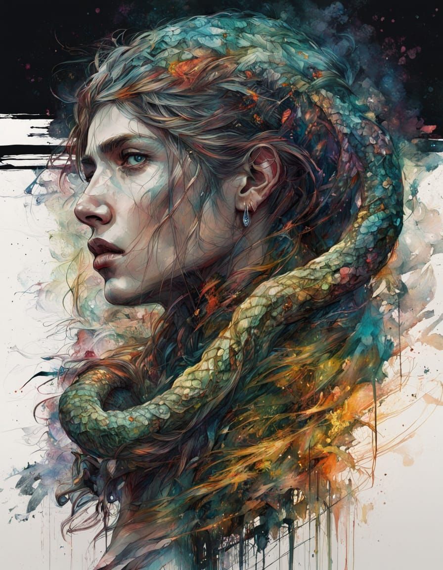 Medieval Snake Warrior in Shadows: Impressionist Anime