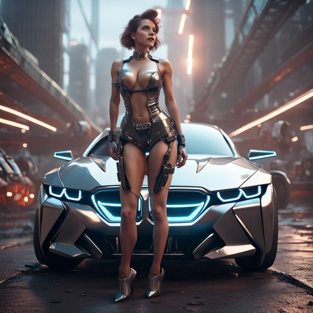 Futuristic Electric BMW with Pin-Up Girl in Sci-Fi Style