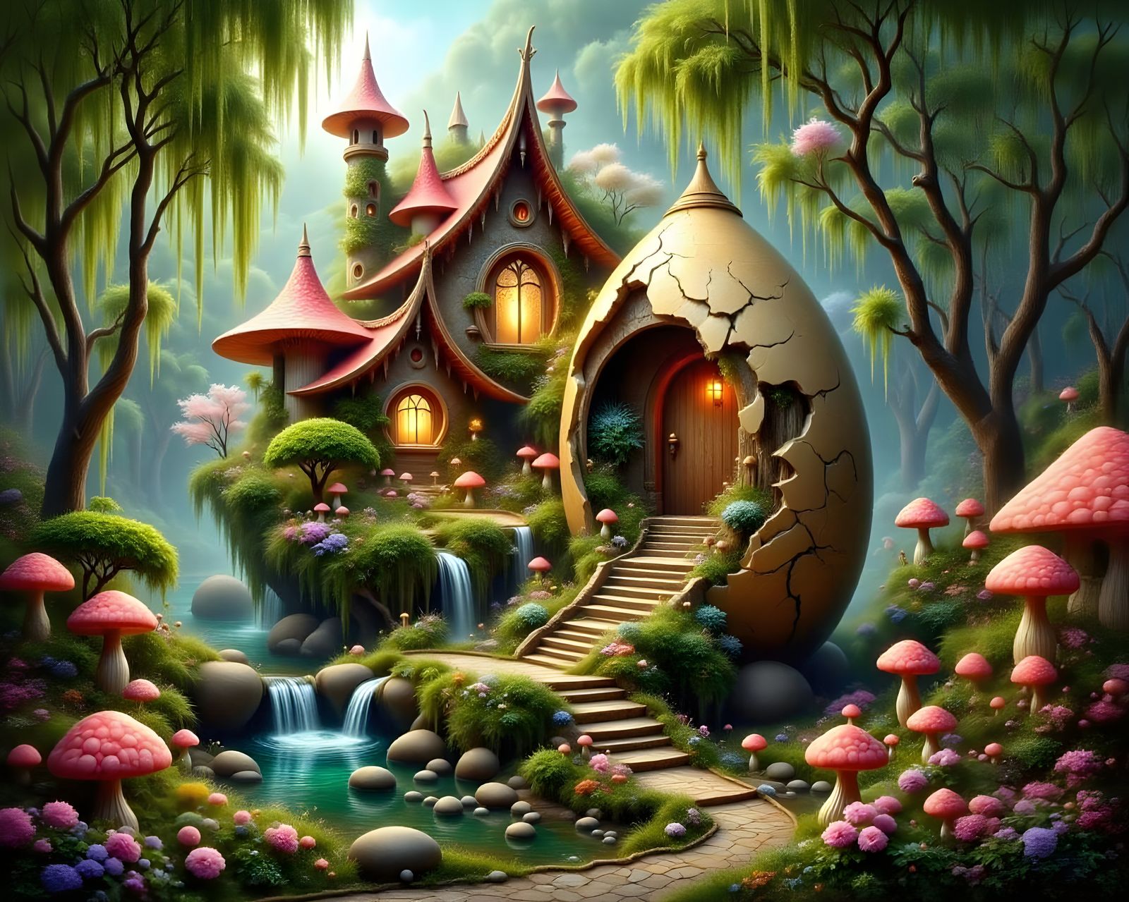 Mushroom House Inside Dragon Egg with Sunny Garden