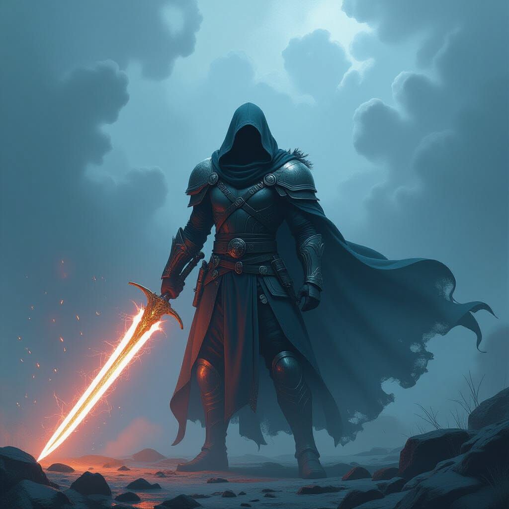 Mystical Warrior in Stormy Atmosphere as Digital Art