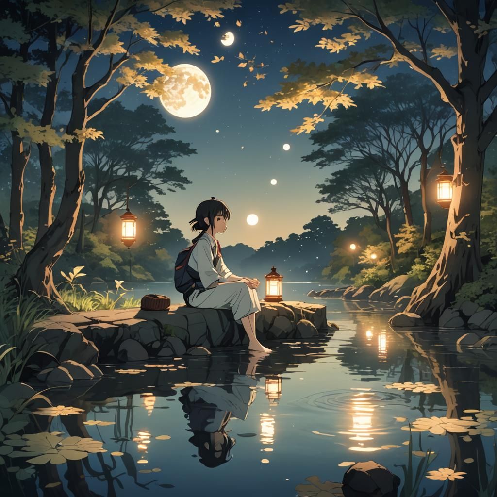 Anime Character by Moonlit River at Night