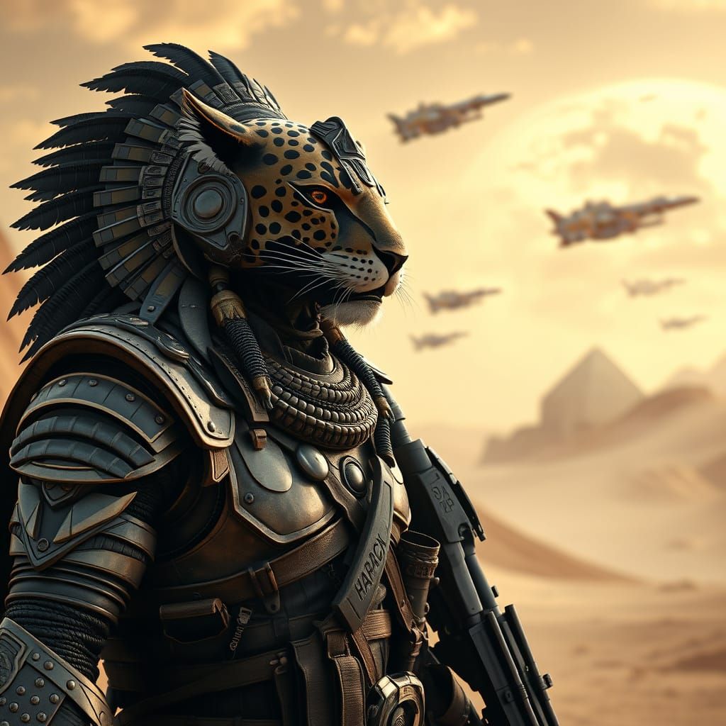 Futuristic Mayan Jaguar Warrior Witnessing Space War