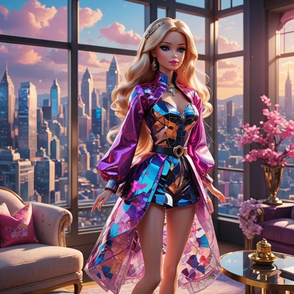 Barbie in Luxurious Anime Cityscape, Digital Art