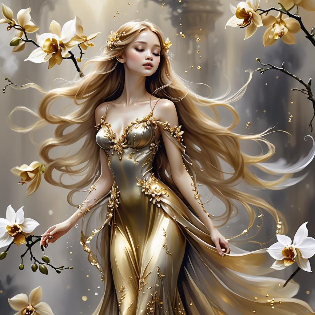 Fantasy Fairy with Orchid: Ink and Oil Painting