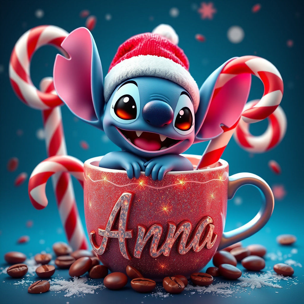 Cartoon Stitch in Starbucks Cup: 3D Rendered Christmas Scene