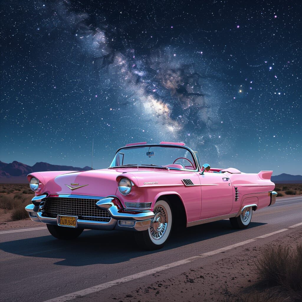 Vintage Pink Cadillac on Desert Highway Under Starry Sky
