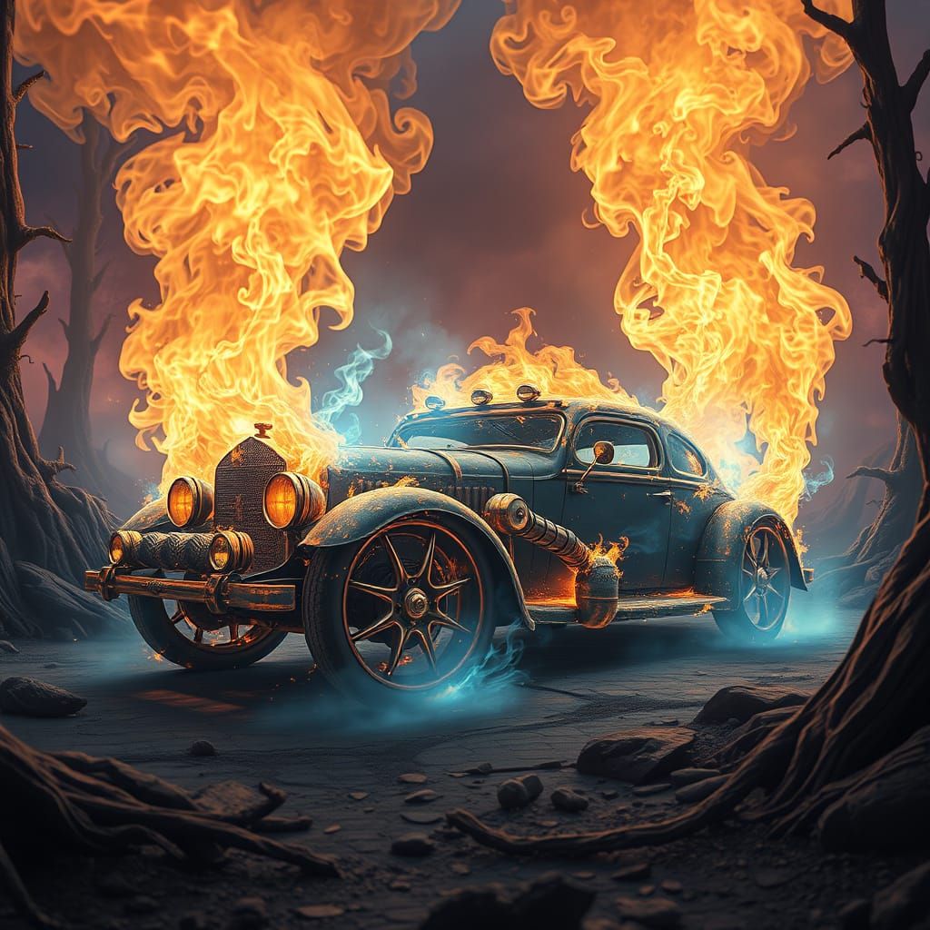 Mystical Flame-Engulfed Automobile in Dreamlike Fantasy Envi...