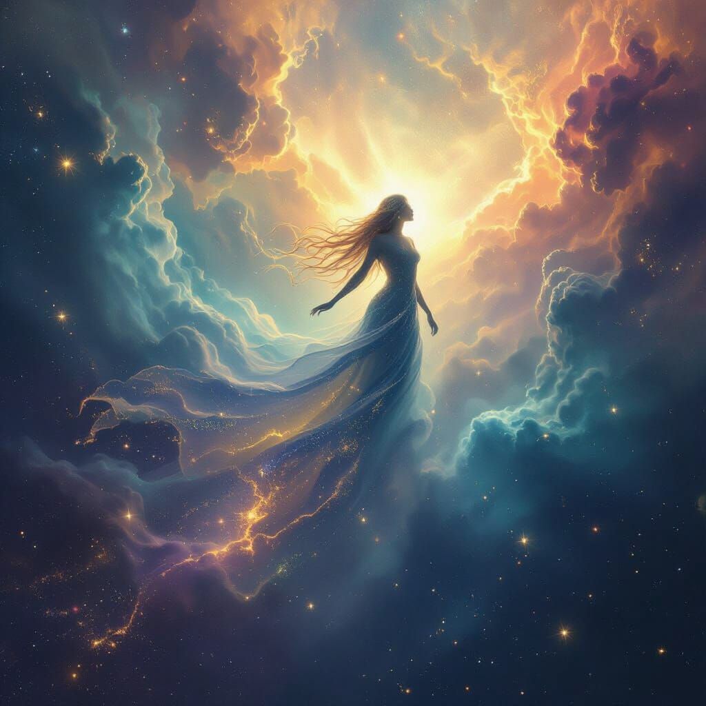 Celestial Being Ascends Through Cosmic Nebula