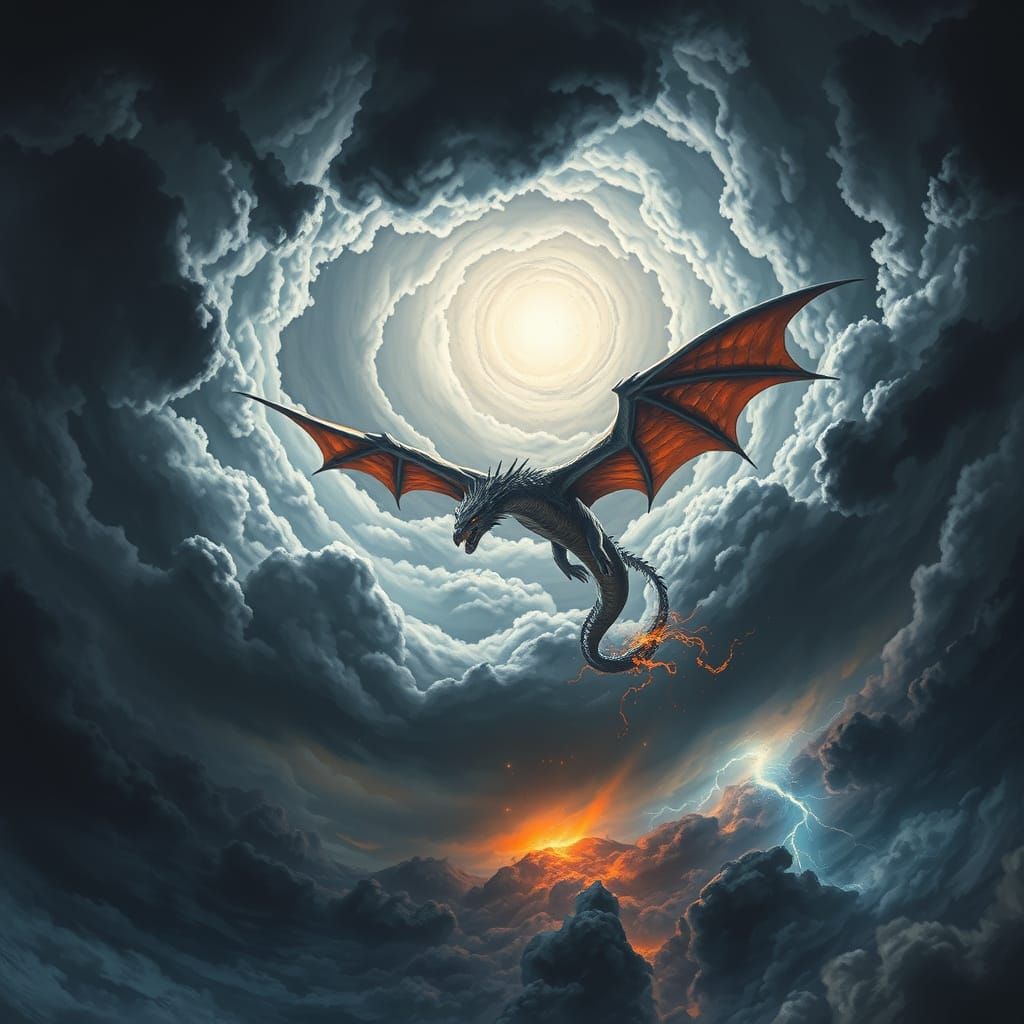 Majestic Dragon Rides Stormy Skies in Fantastical Matte Pain...