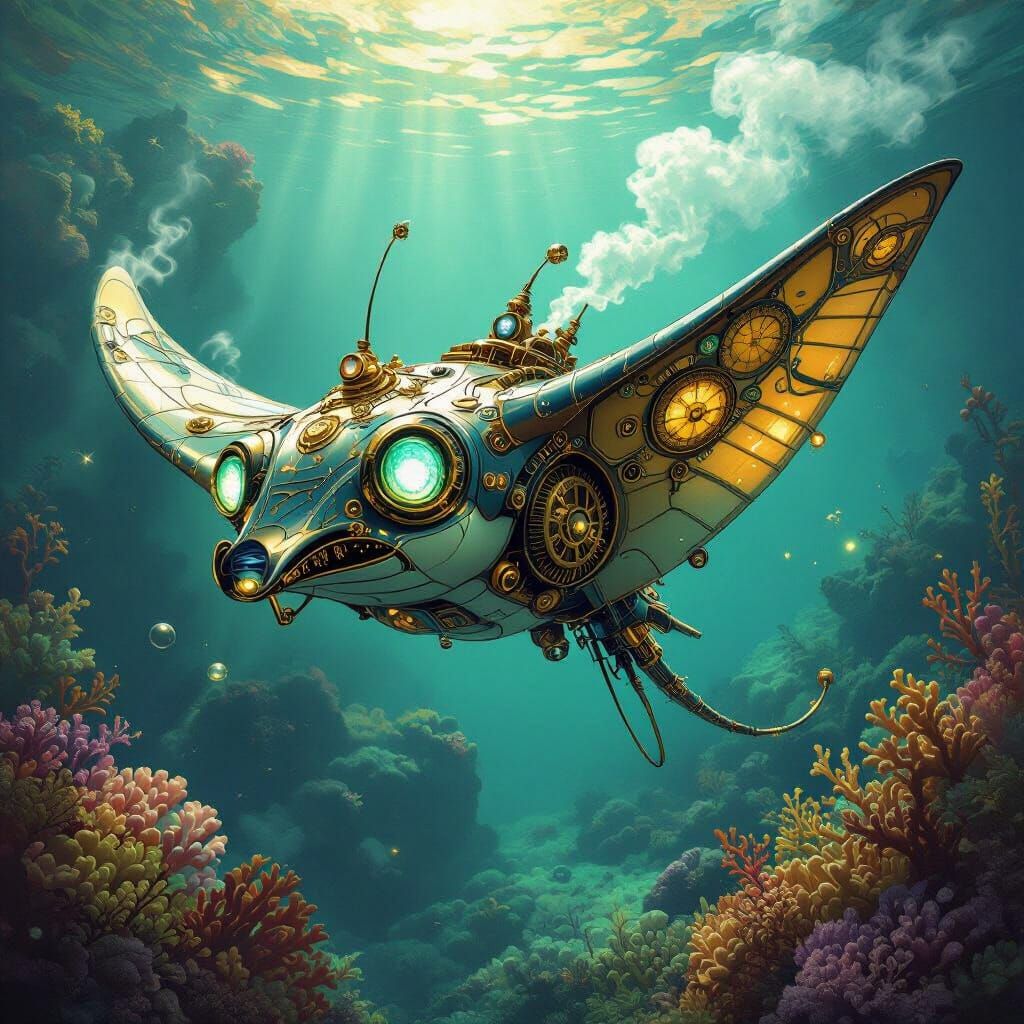Steampunk Manta Ray Glides Through Alien Coral Reef