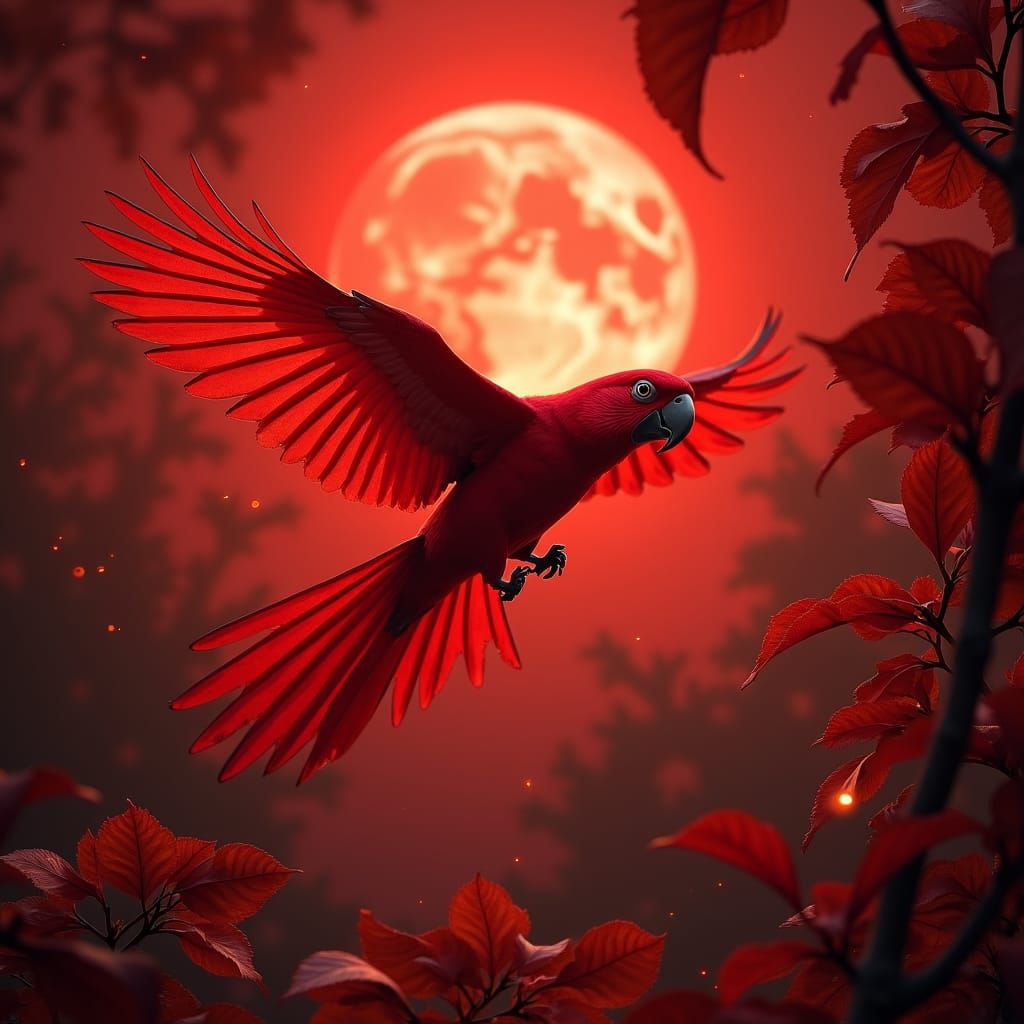 Parrot Soaring Through Crimson Leaves at Sunset