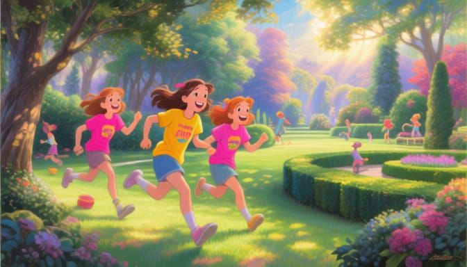 Joyful Girls in Bright Shirts in Enchanted Woods and Lawns