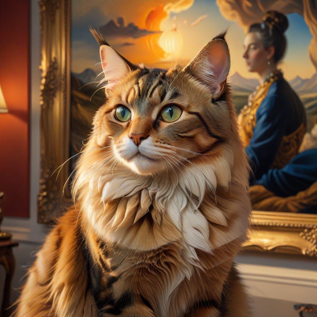 Cat Contemplating Masterpiece in Hyper-Realistic Oil Paintin...