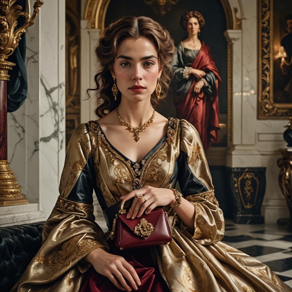 Elegant Woman Posing in Luxurious Baroque Salon