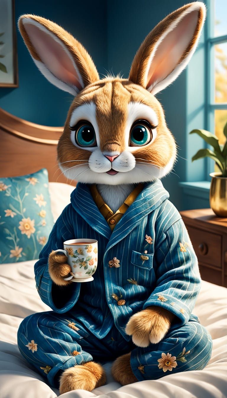Whimsical Bunny in Pyjamas Sips Tea on a Plush Bed