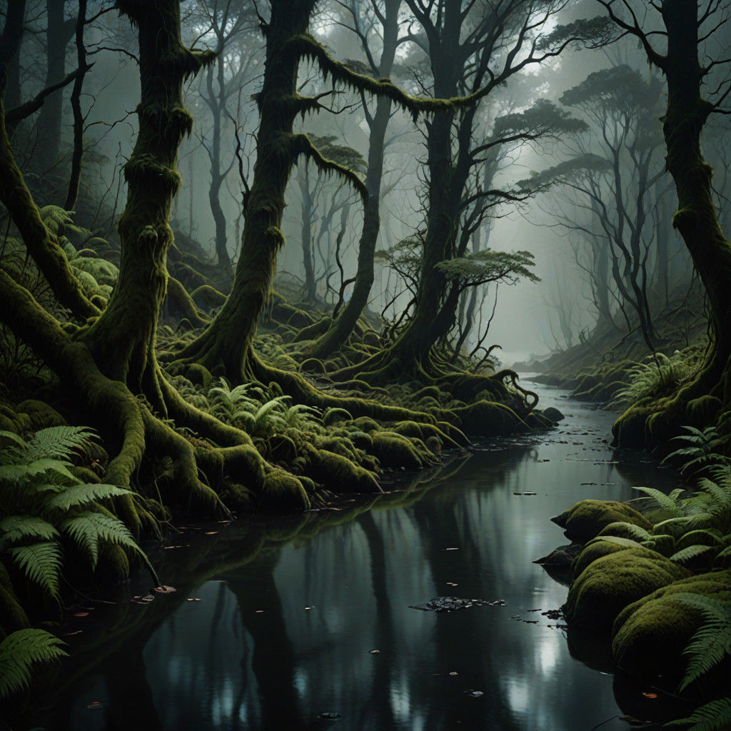 Mystical River in a Dense, Misty Forest