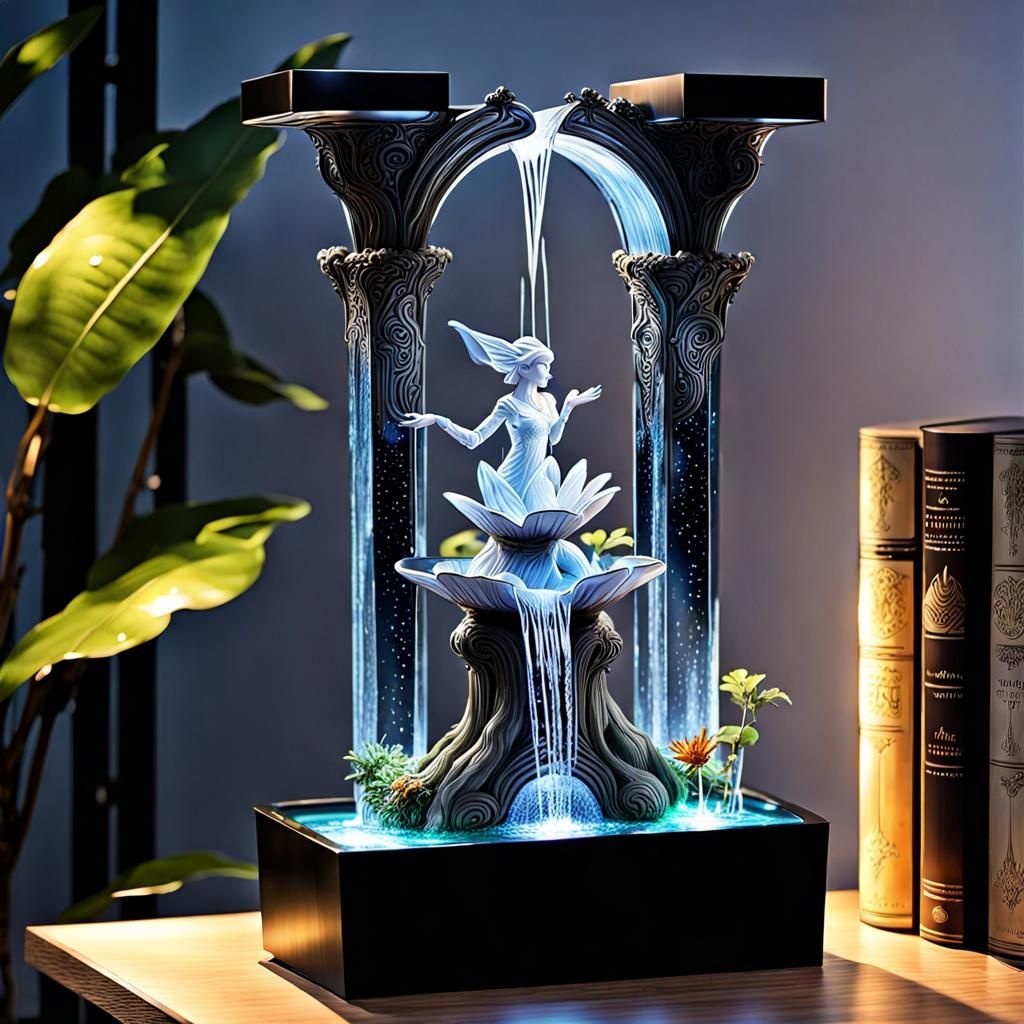 Glass Elf Fountain with Dancing Elves at Midnight