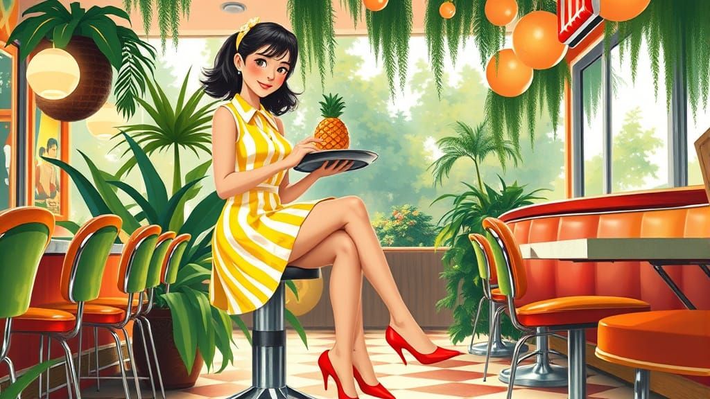 Young Waitress in Bright Yellow Miniskirt, Holding Pineapple...