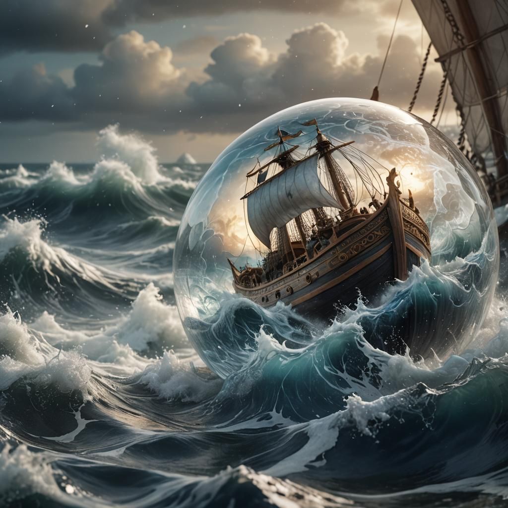Viking Ship in a Glass Orb, Fantasy Concept Art in Detailed....