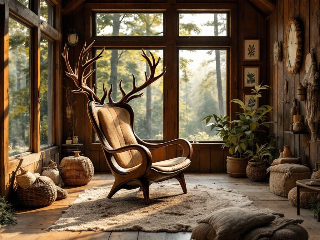 Whimsical Woodland Lodge Scene with Deer-Inspired Chair