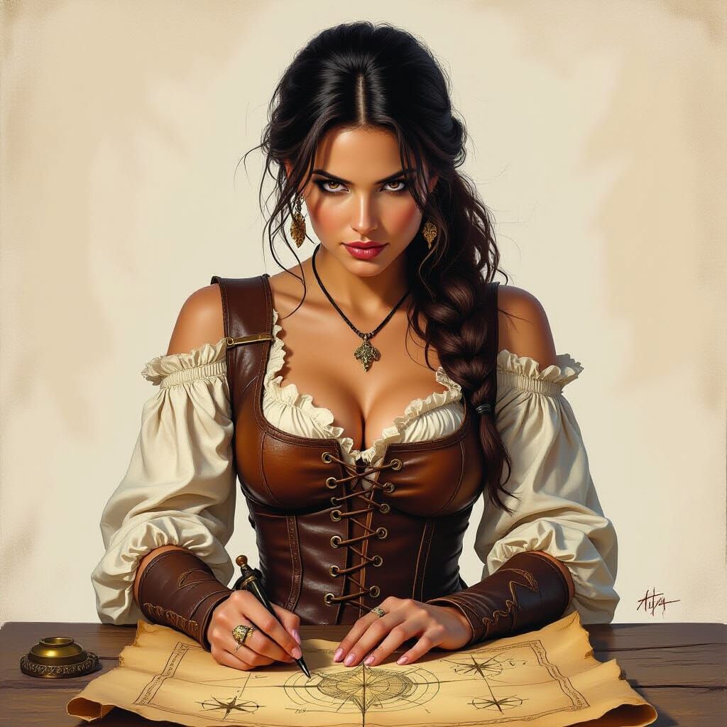 Pirate Woman and Treasure Map in Photorealistic Style