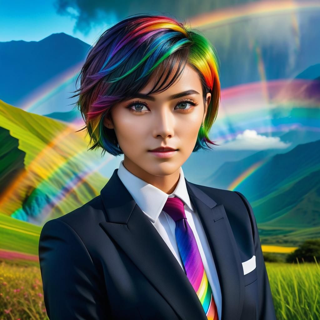 Woman in Suit and Tie with Rainbow Landscape