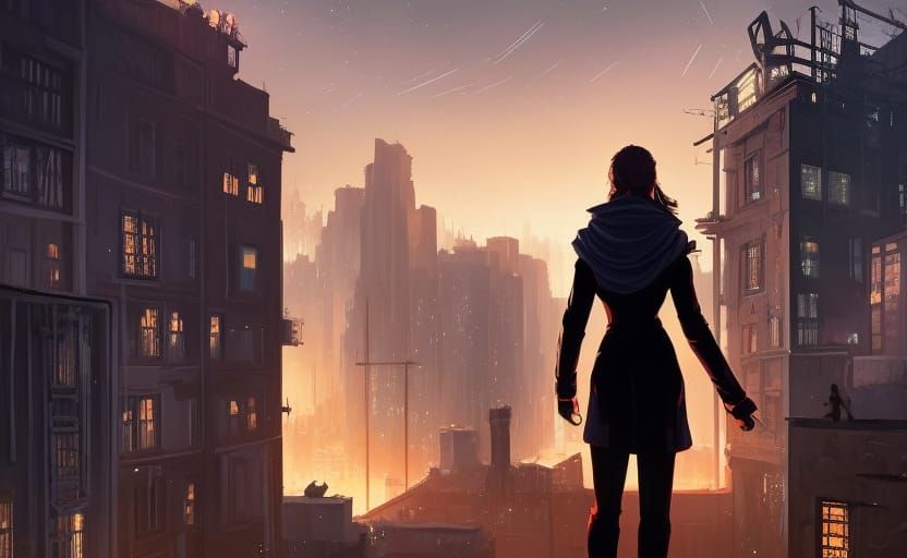 Hyper-Realistic Cityscape of a Tall Woman Standing Alone on...