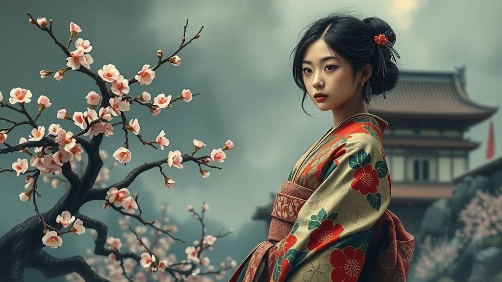 Eerie Japanese Woman in Dreamlike Cherry Blossom Landscape
