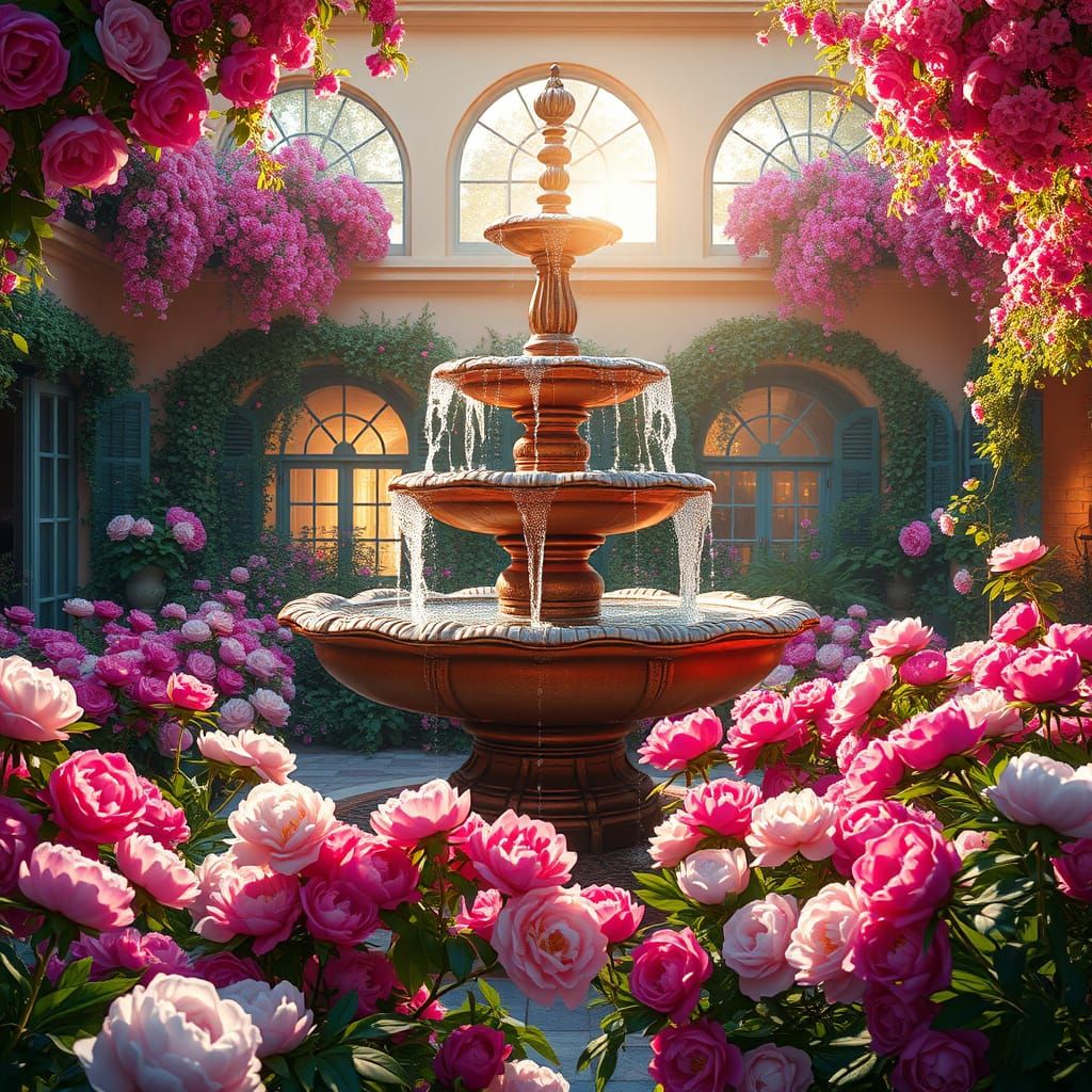 Whimsical Wishing Fountain Amidst Vibrant Peony Garden