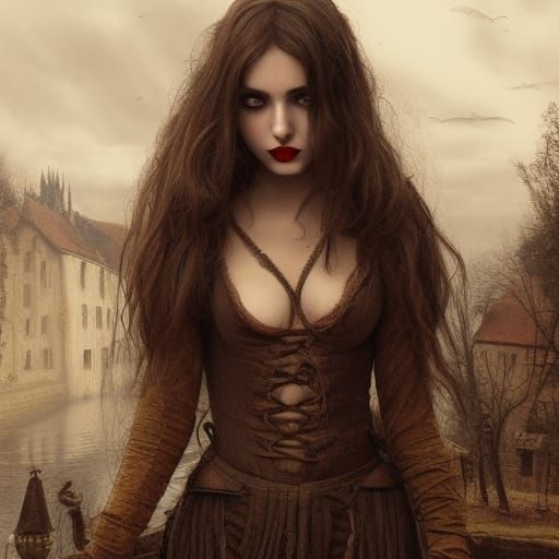 Beautiful Dark Witch in Medieval German Town