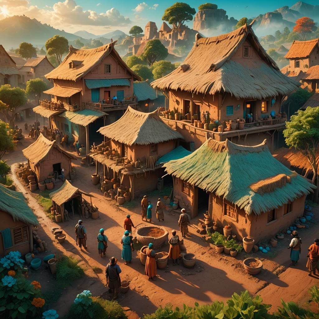 Fantasy Village Scene at Golden Hour, Digital Matte Painting