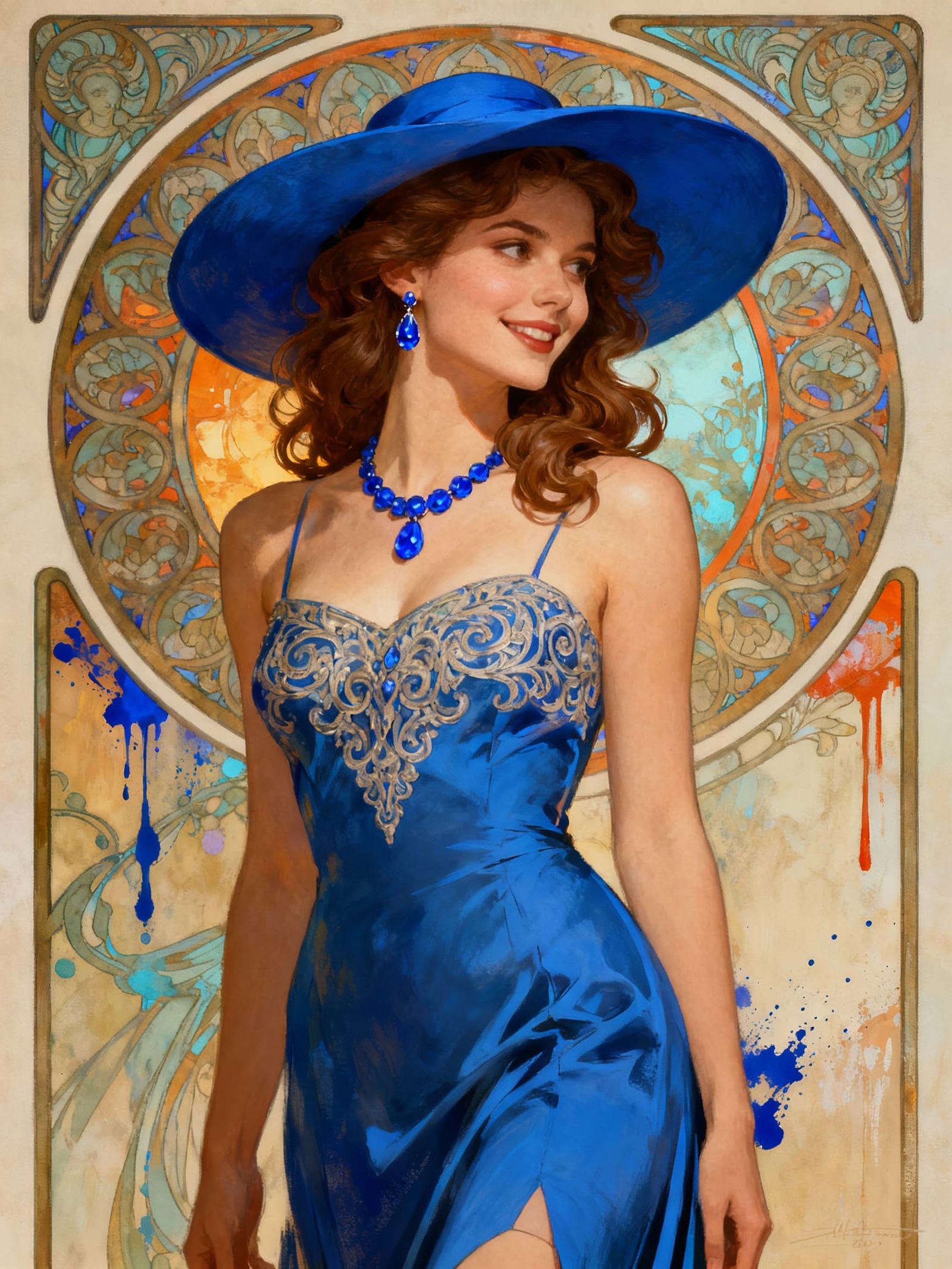 Elegant Lady in Blue Evening Dress and Hat