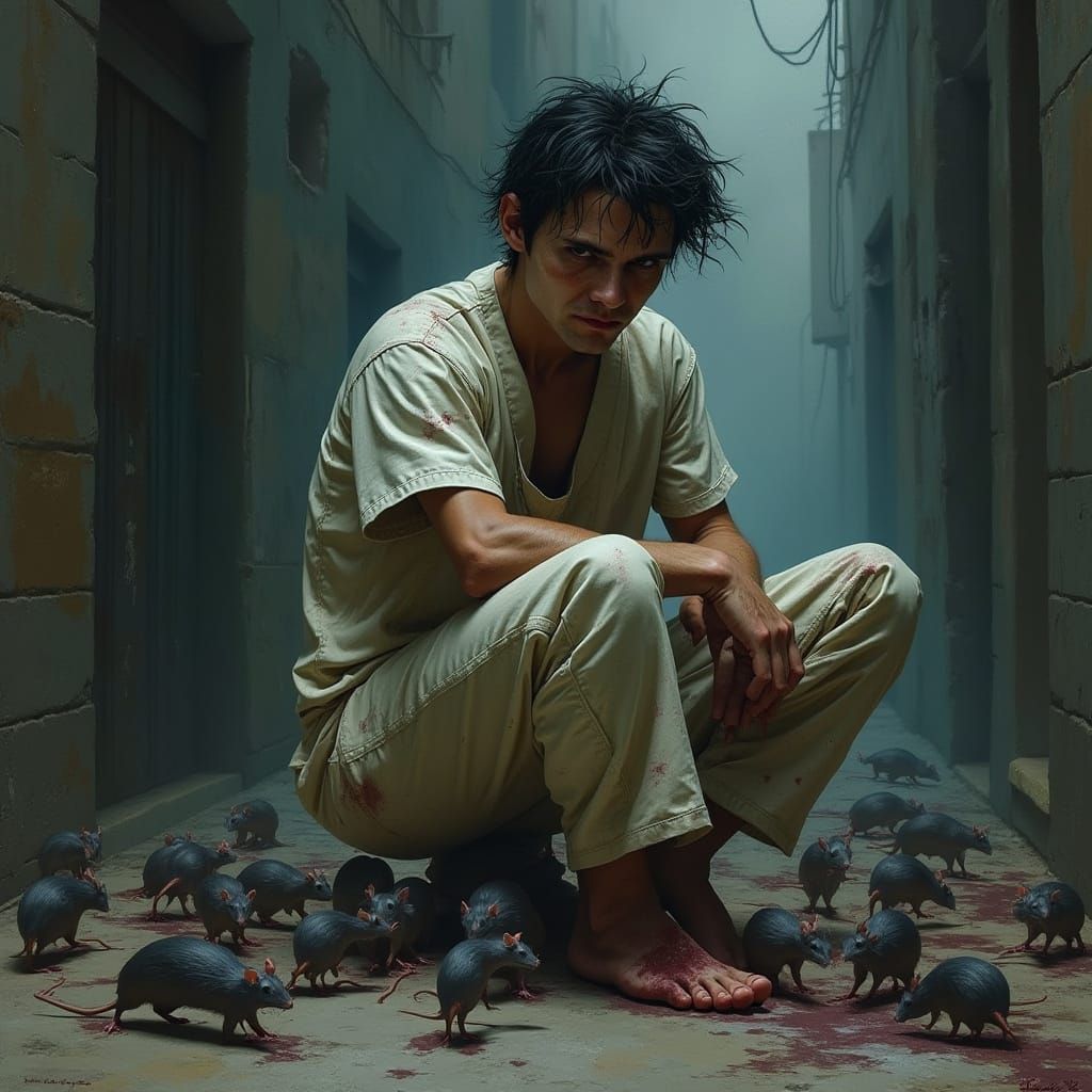 Malkavian Outcast Amidst Rats in a Grimy Alleyway