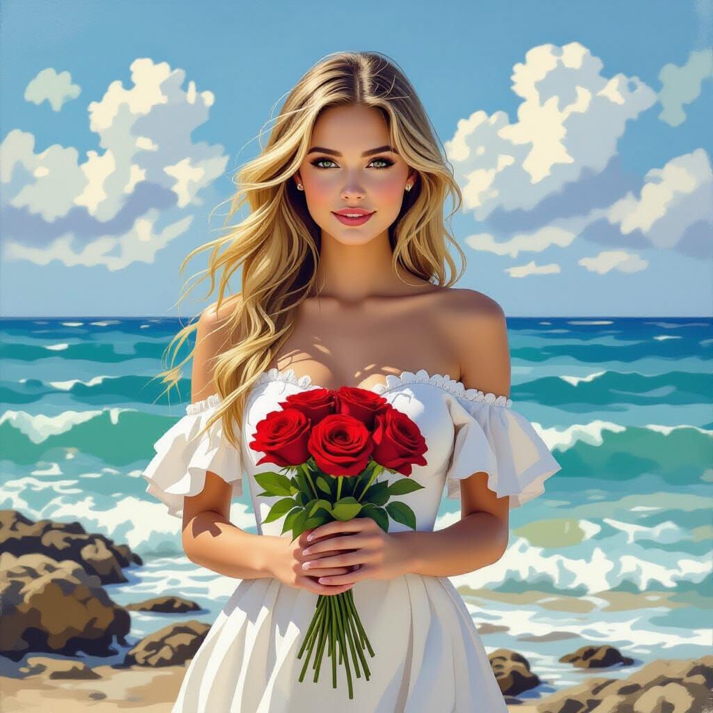 Impressionist Woman with Roses on Rocky Shore