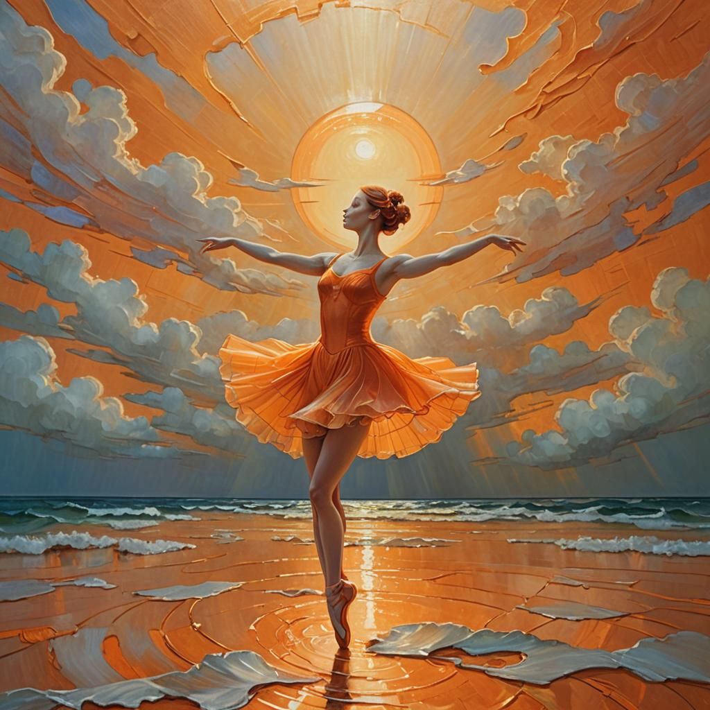 Orange Ballerina on Glass Stage: Art Nouveau Impasto