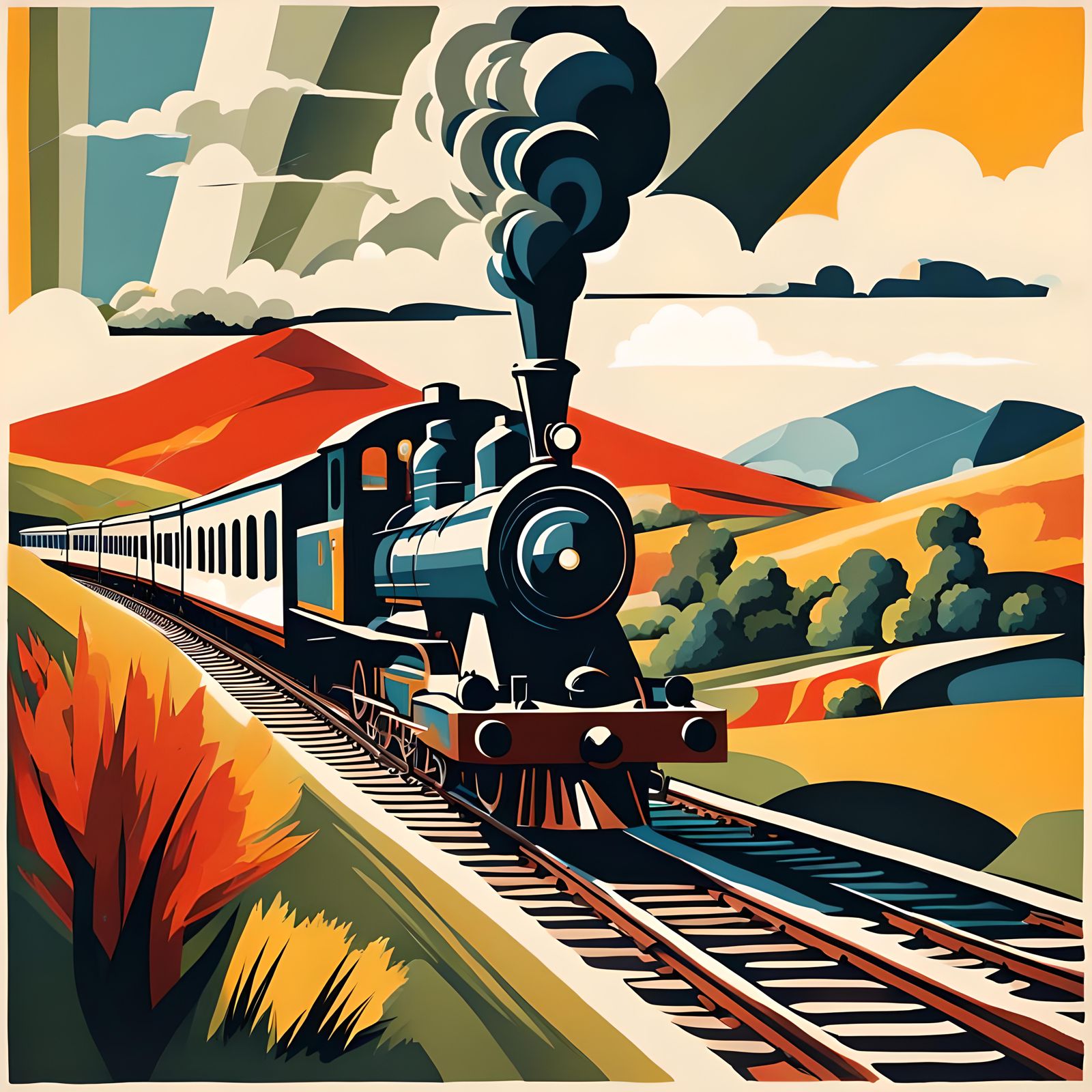 Steam Train in Valley: Bauhaus Style Painting
