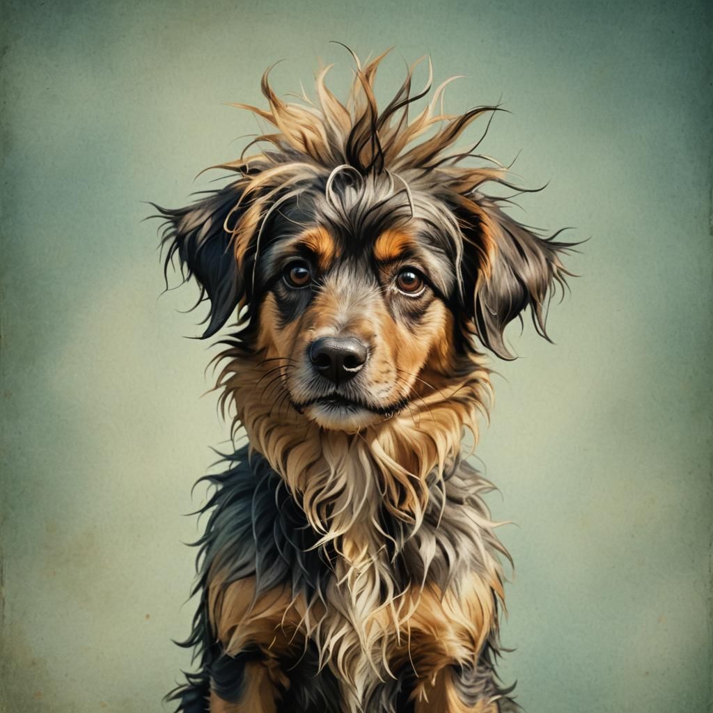Dog with Messy Hair Illustration in Whimsical Style