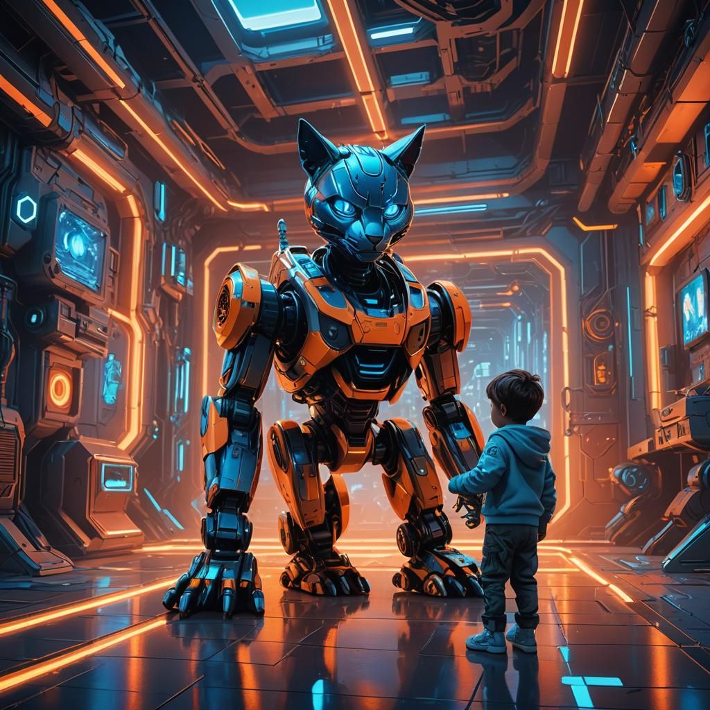 Child and Robot Cat in Futuristic Room