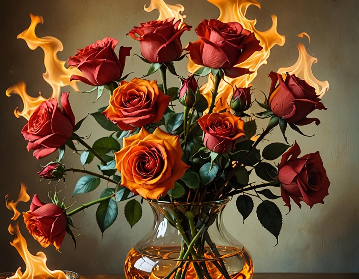 Burning Red Roses in Vase: Surreal Macro Shot