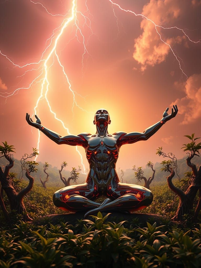 Meditating Human in Harmony with Nature and Technology