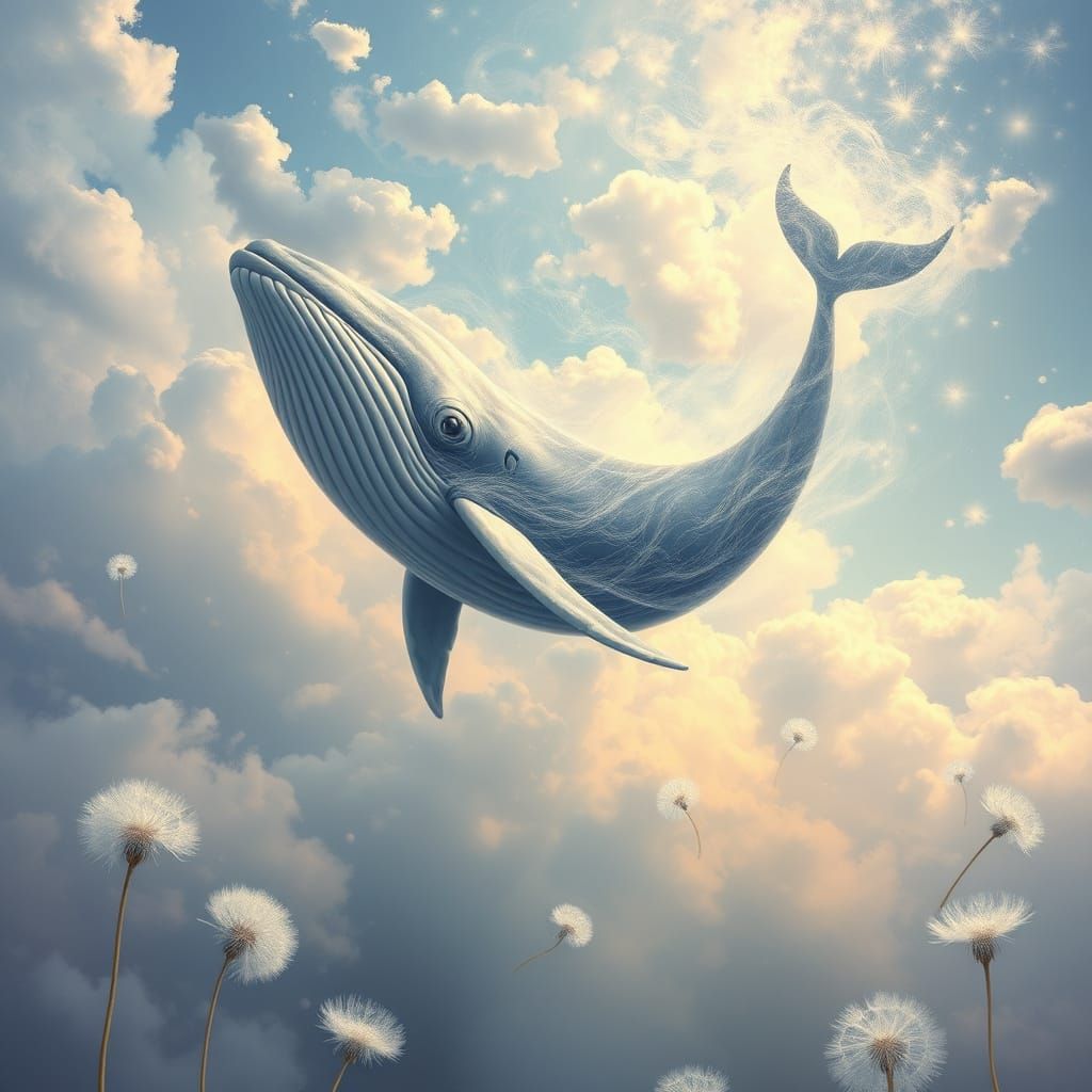 Surreal Whale Falls Through Dreamy Dandelion Clouds in Paste...
