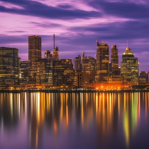 Sunset Cityscape Reflection Over Water