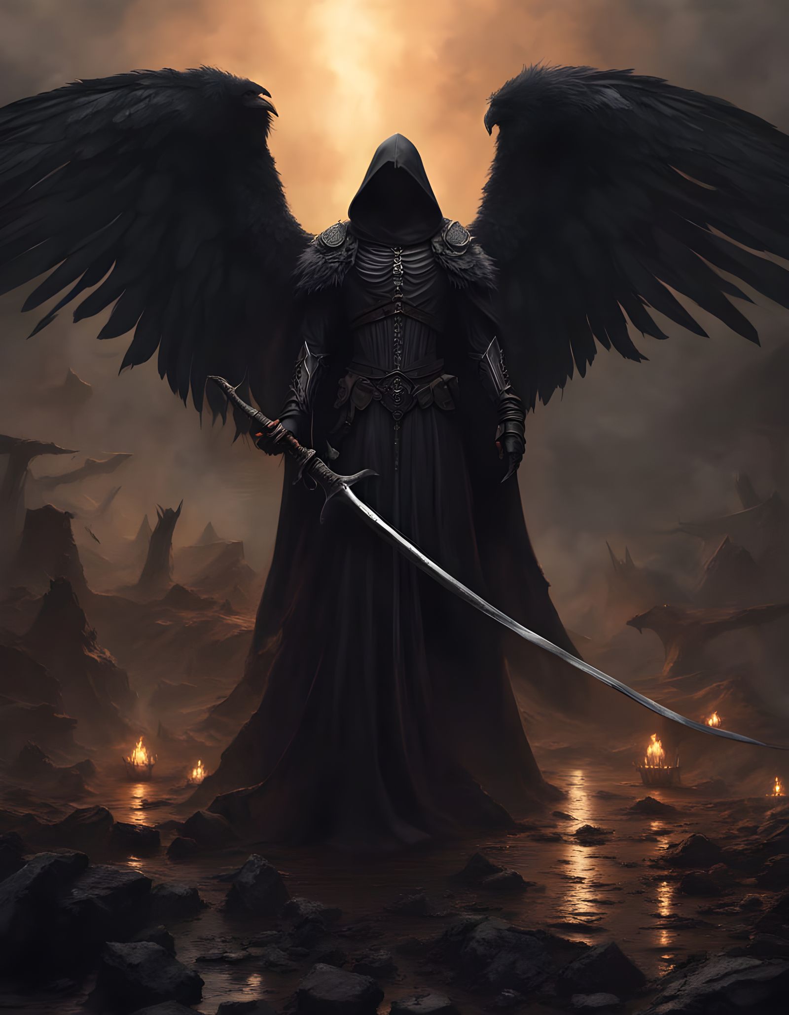 Dark Fantasy Angel of Death in Desolate Wasteland